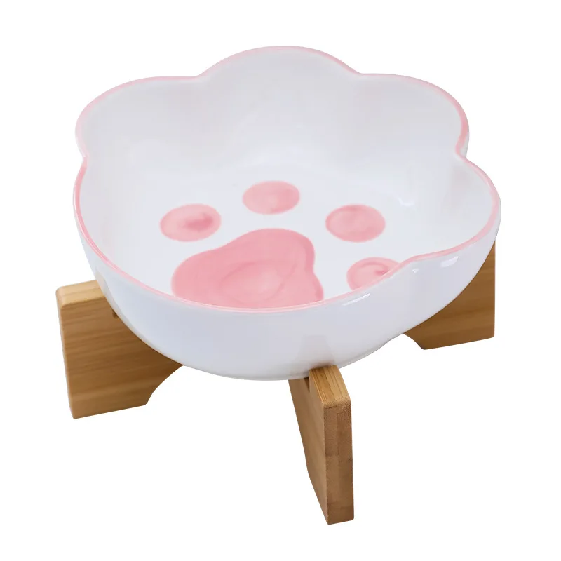 Cute Ceramic Elevated Food and Water Pet Bowl For Dogs and Cats with wooden shelf