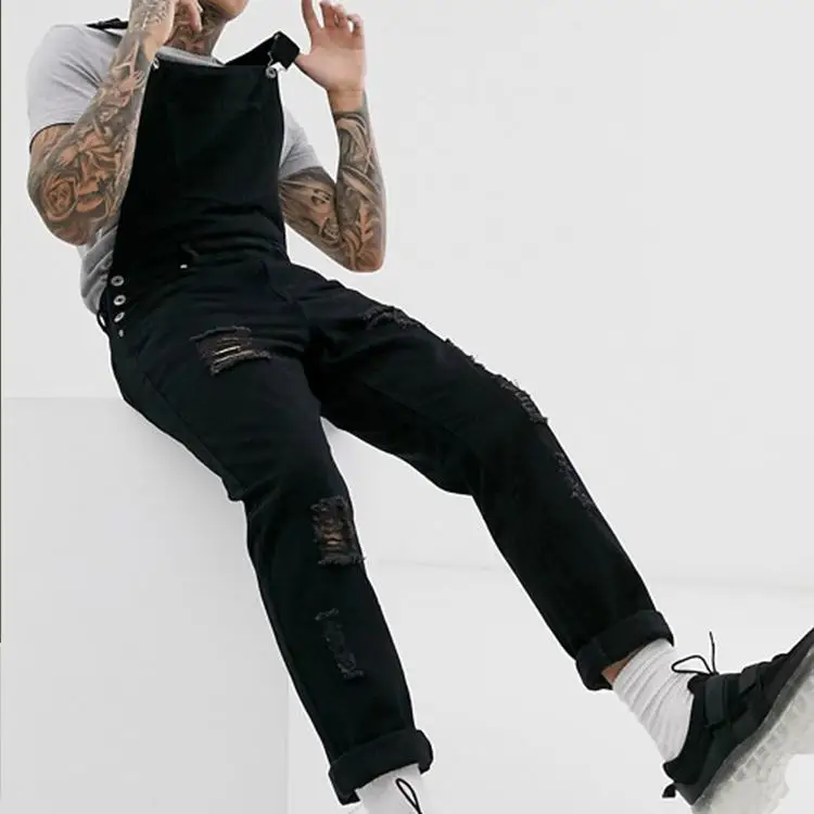 High Quality Casual Mens Pants Slim Fit Blue Men Denim High Waist Full Length Trousers Jeans Jumpsuit Overall For Men