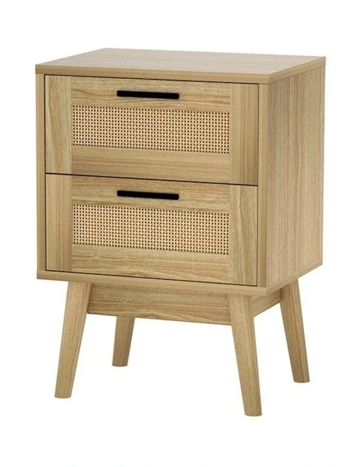 Oak Wood Rattan Bedside Table: Two-Drawer Design - Blend of Natural Oak and Rattan for Timeless Bedroom Elegance