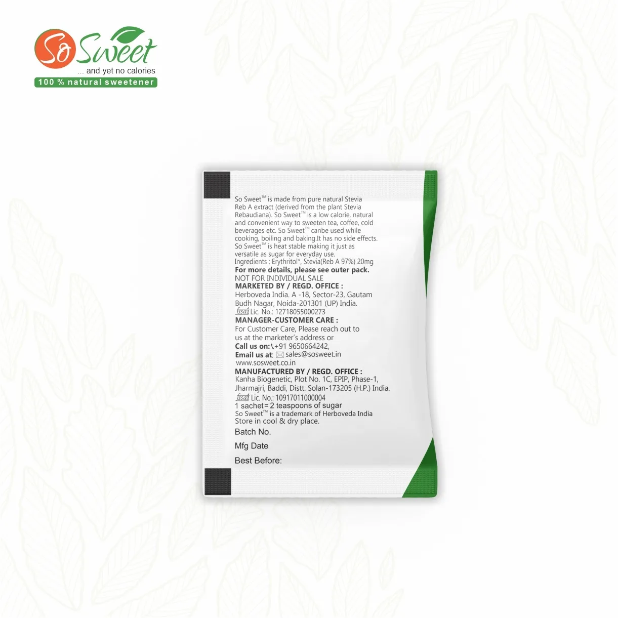 Factory Hot Sale 1kg Sweetener Stevia Powder Natural Stevia Sugar Sachets Stevia Sachets | Private Labelling Available