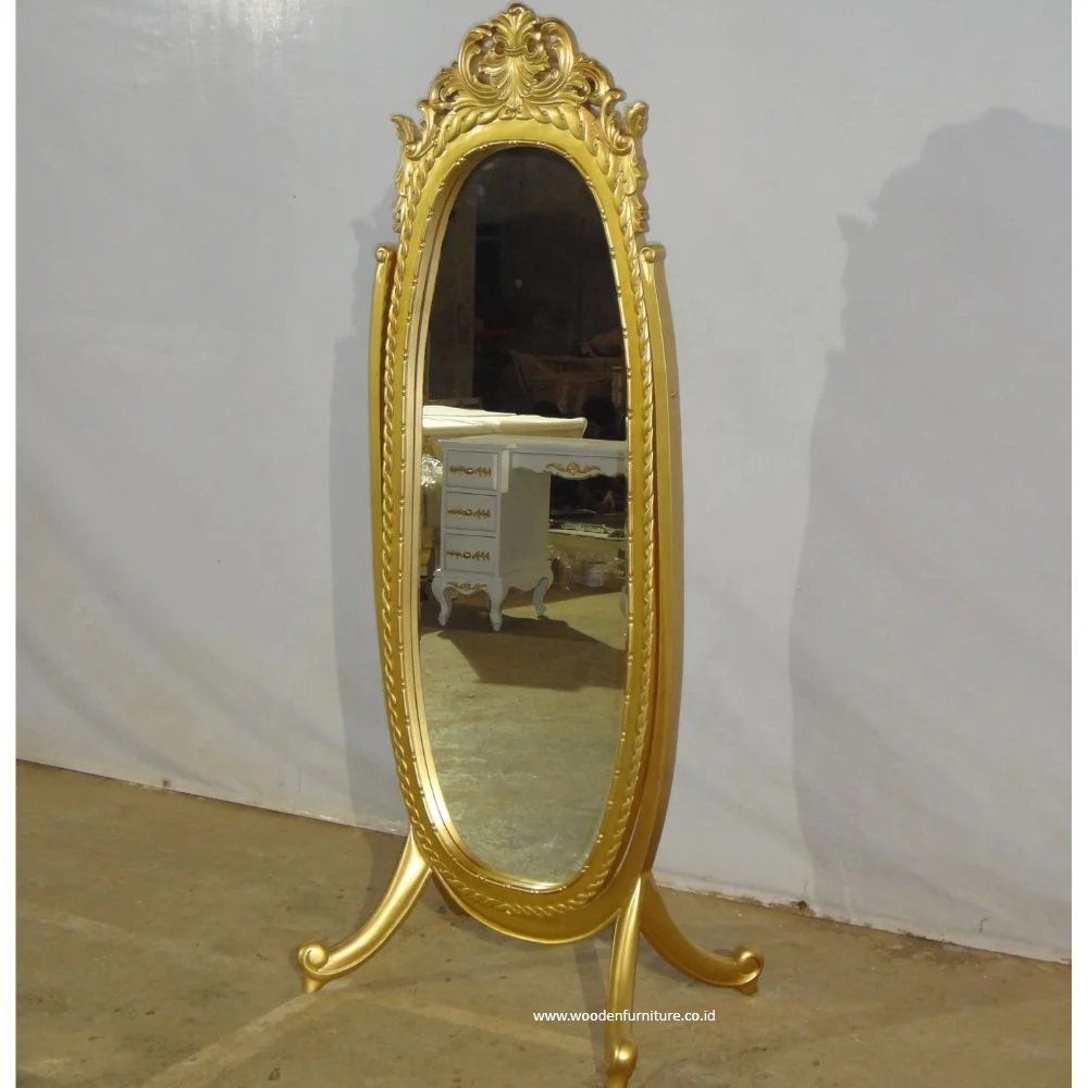 Gold Painted Standing Mirror Wooden Oval Floor Mirror Long Large Frame With Hand Carving Designed for European Style Furniture