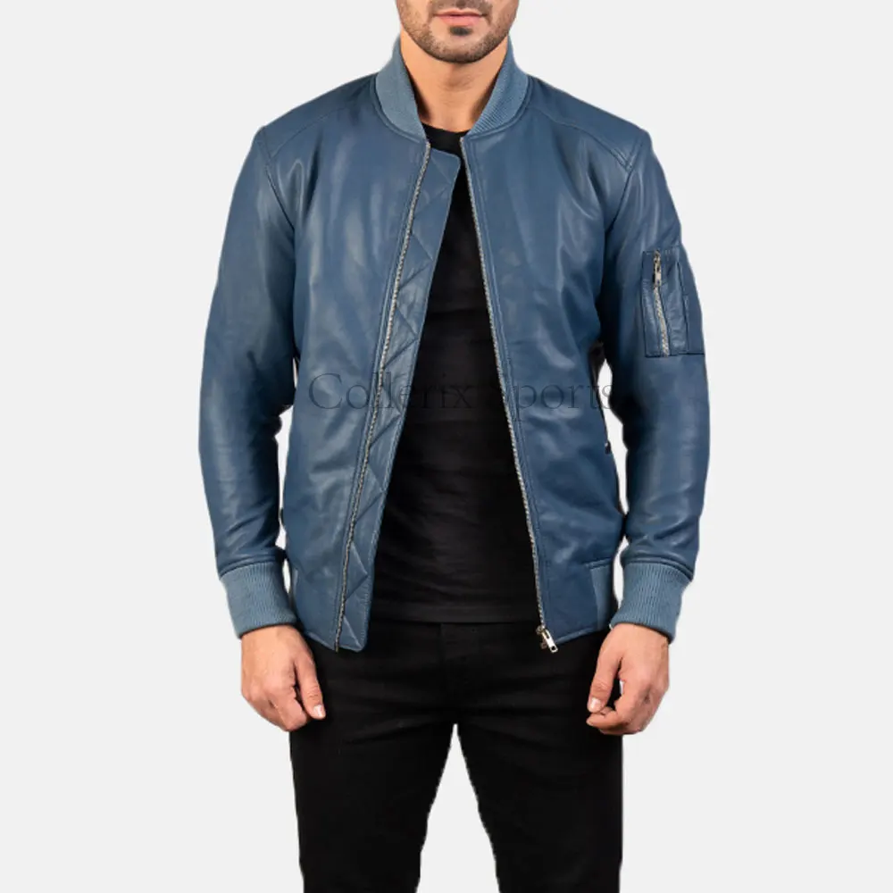 Best Wholesale Price Custom Blue Leather Jacket High Casual Winter Style Zipper Closure Stand Collar Small Pocket Left Arm Solid