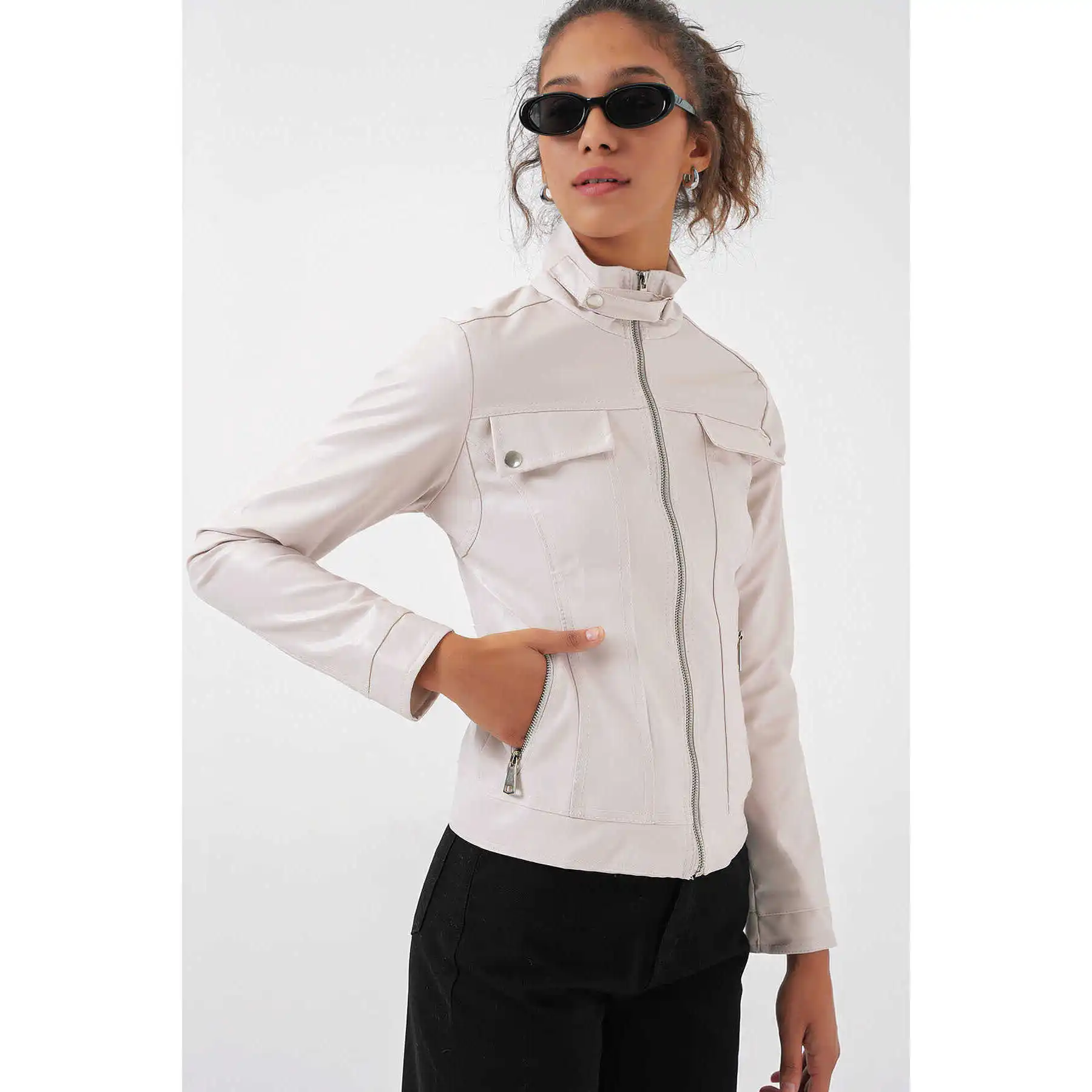 1024 High Neck Leather Jacket - Beige