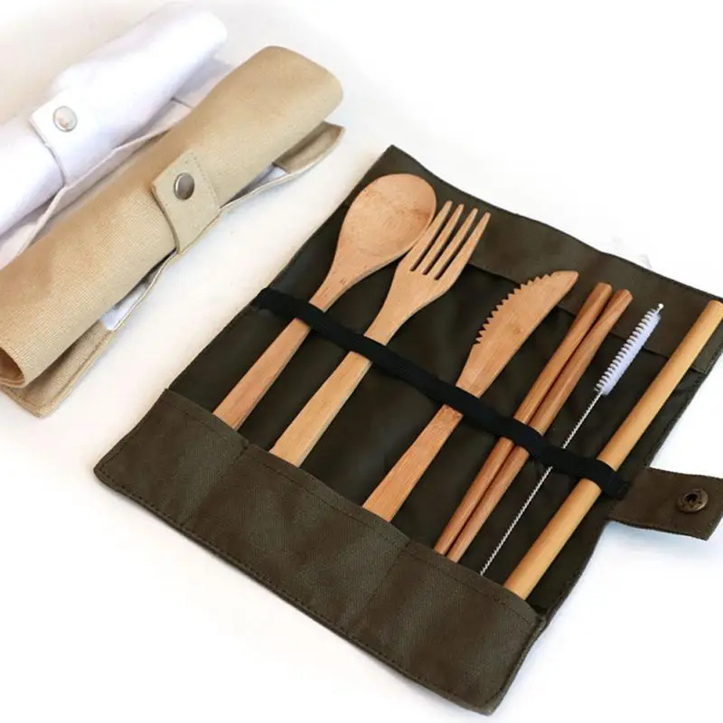 Custom utensils portable reusable travel picnic camping cutlery set eco friendly wooden bamboo eating utensils