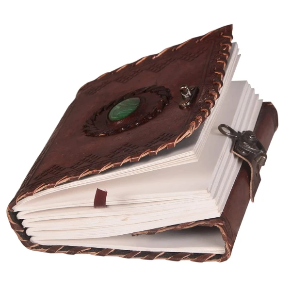 Leather Diary With Antique Stone with Lock Handmade Leather Bound Notepad Journal For Men And Women Unlined Leather Craft