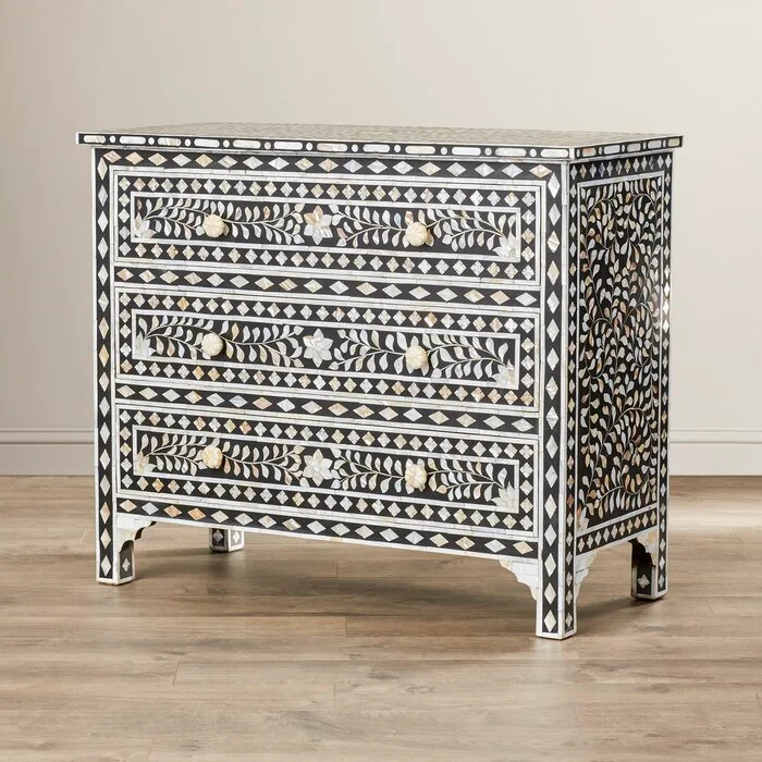 Latest Design Bone inlay Traditional 3 Drawer Accent Chest  floral design black and white color bone inlay side furniture table
