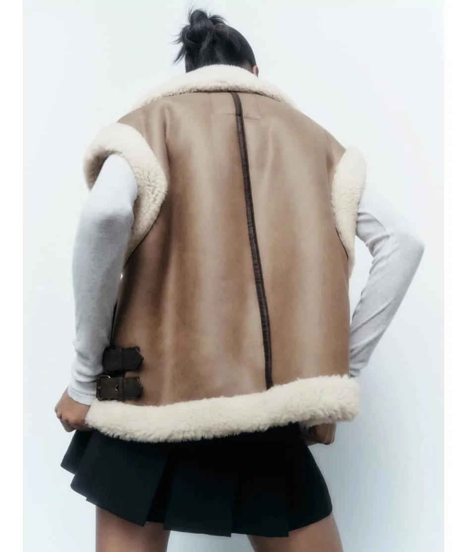 Fur Vest Women Sheepskin Waistcoat Leather Fleece Warm Vest Woman Sleeveless shearling vest leather Jacket