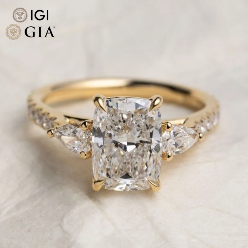 Gia Igi Certified Cvd Lab Grown Created Diamond 14k 18k Solid Gold Elongated Cushion Trilogy Engagement Ring Jewelry For Women