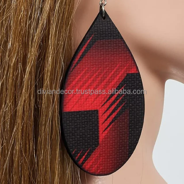 Hoop Tear Drop Earrings Red Color PU Leather Jewelry Model For Women Girls Custom Logo PU Leather Hot Selling Earring For Sale