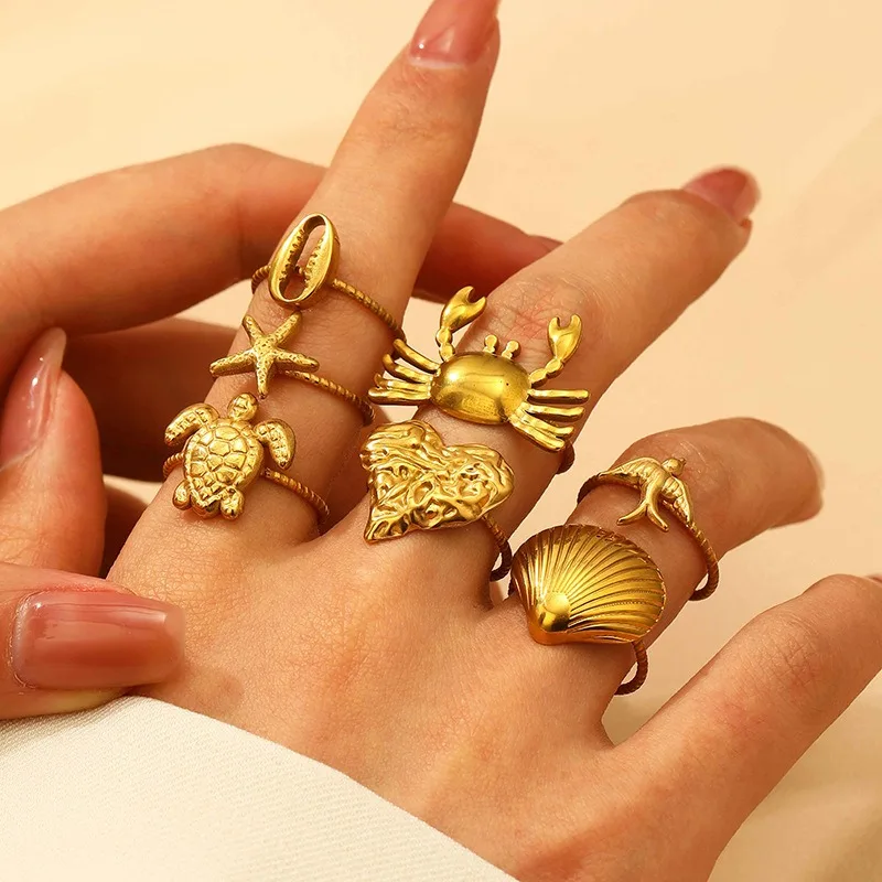 18K Gold Stainless Steel Marine Life Ocean Style Open Rings Personality Crab Turtle Seashell Starfish Adjustable Rings for Women