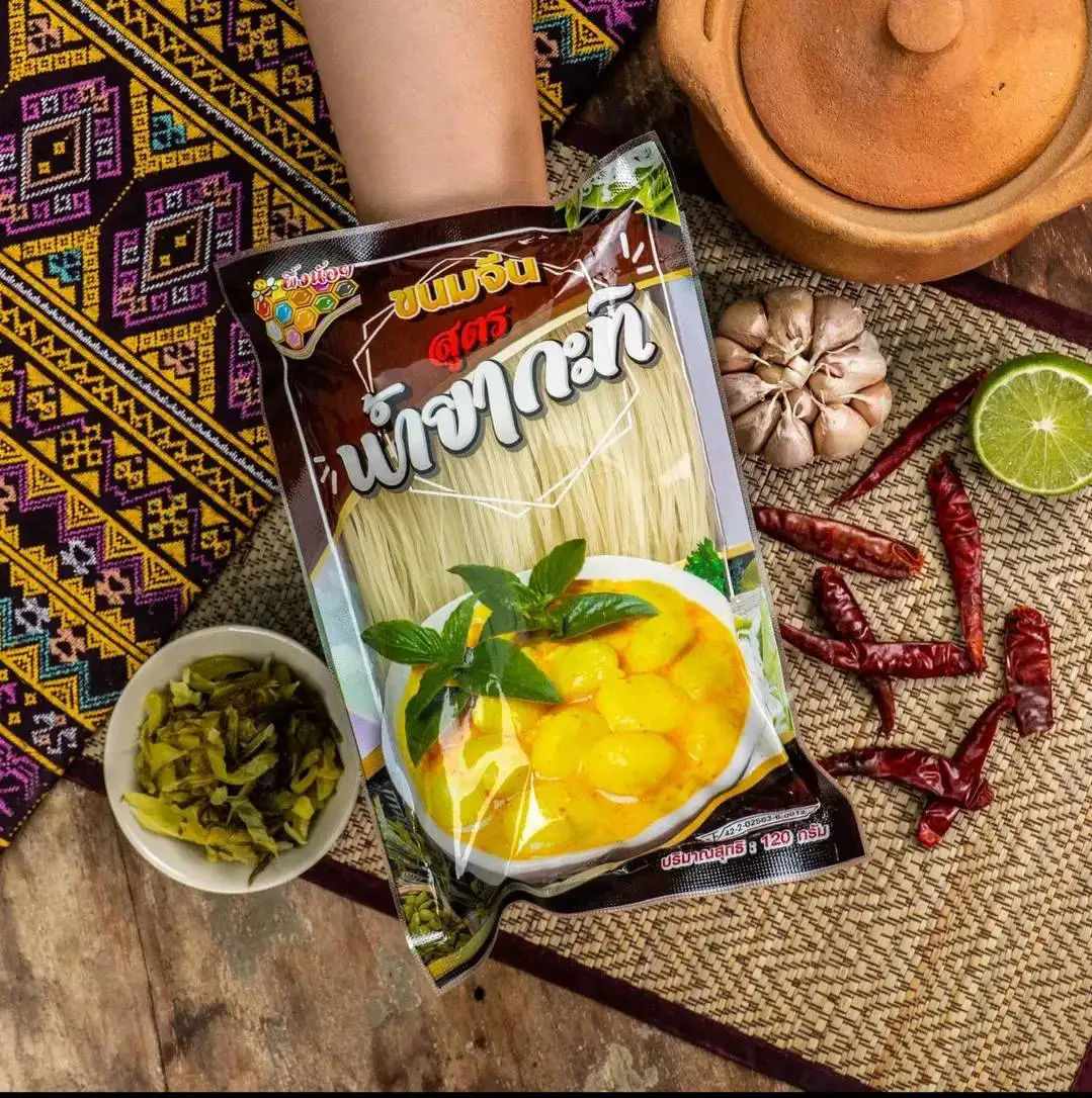 Instant Rice Noodles (Khanom Jeen) with Coconut Milk Authentic Thai Hot and Spicy Tasty Phungnoi Noodle Brand 120g./Pack