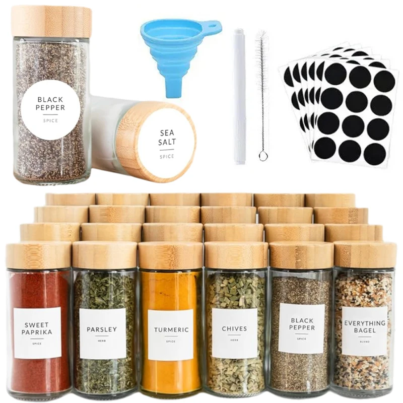 4 oz Kitchen Empty Round Square Bamboo Wooden Lids 120ml 4oz Glass Spice Jar Set With Shaker Lid