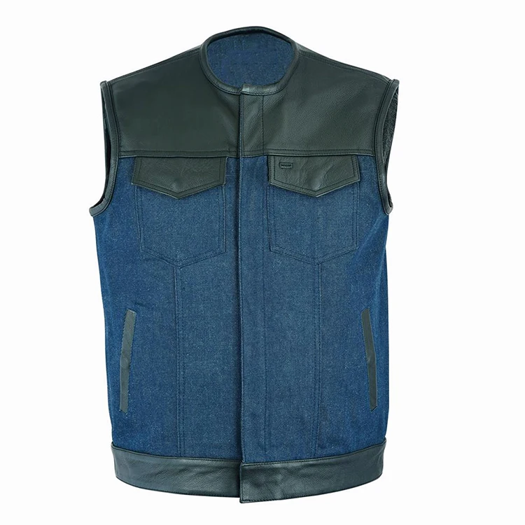 High quality jean and leather made motorcycle club vest for sale best OEM low MOQ quick dry leather sleeveless jacket