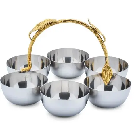 Metal Decorative Bowl with brass gold leaf handle Set of 6 small round metal salad personalized mixing stainless steel bowls