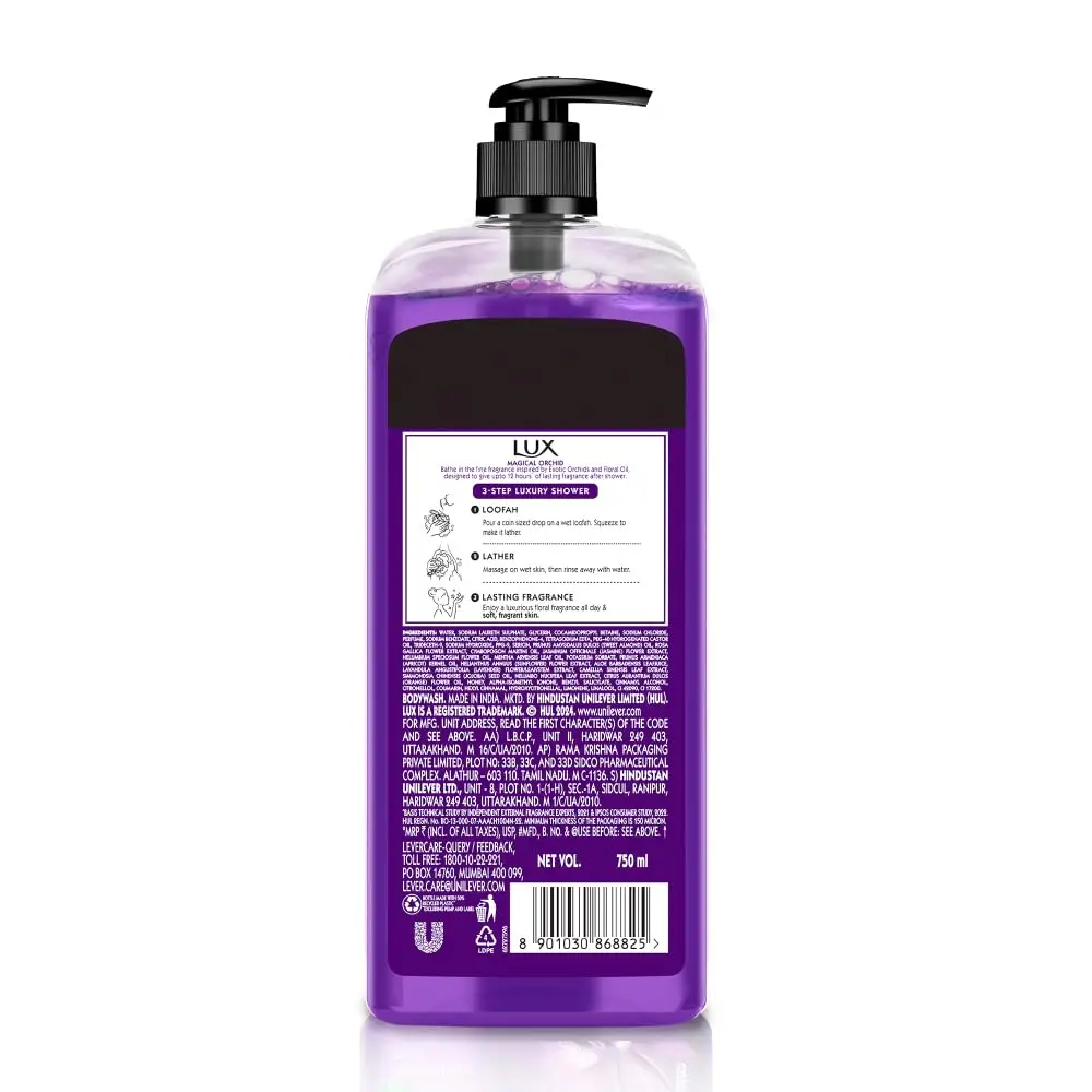 LuxBody Wash Fragrant Skin Black Orchid Scent & Juniper Oil SuperSaver XL Pump Bottle Glycerine, Paraben Free, 750 ml