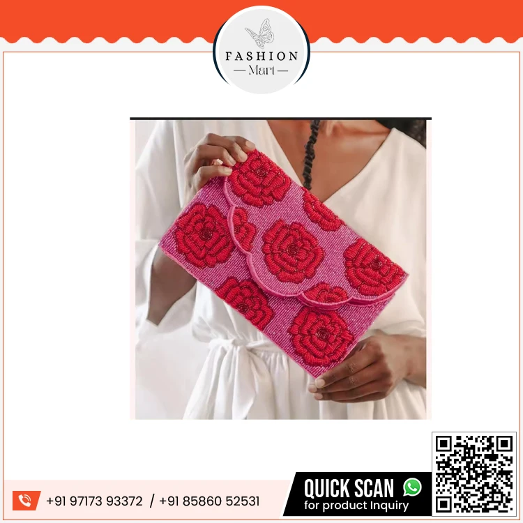 2024 Hot Sales Red Rose Pink Black Floral Seed Beaded Clutch Chain Crossbody Bag Boho Handbag