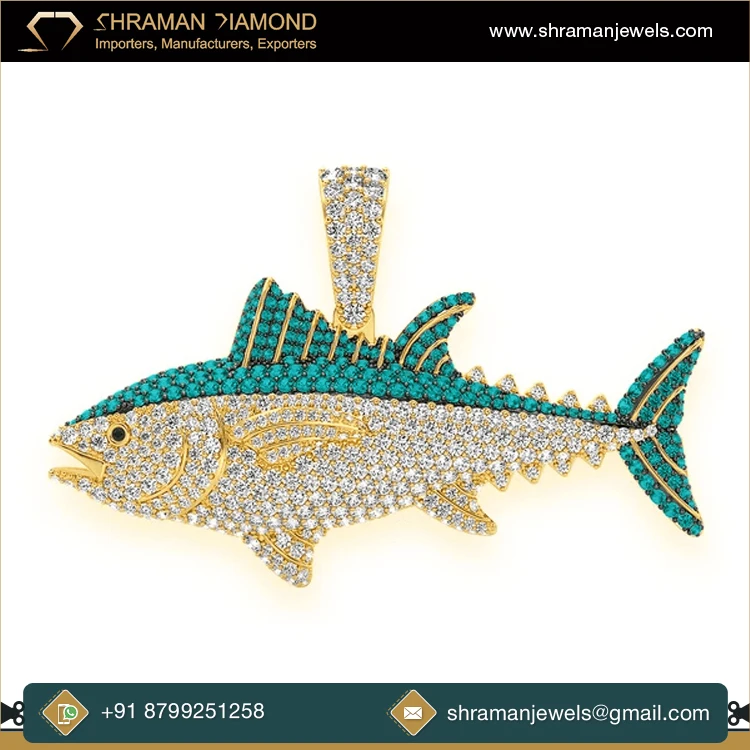 Leading Supplier of 4.4 CTS and 35 Grams 925 Silver Luxury Fashion Jewelry Custom Bluefin Tuna Moissanite Diamond Pendant