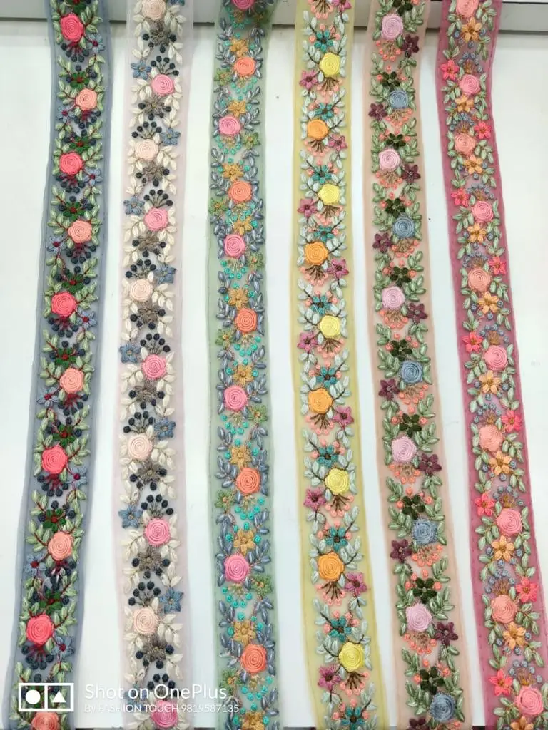 custom made machine embroidered ribbons & laces in cut work design with 100% sequins work in 7 colours for wedding dresses