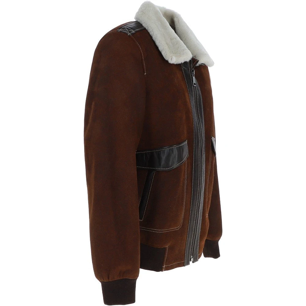 Men Stylish Genuine sheepskin faux leather pilot jacket puff brown Shearling Flying leather jacket OEM