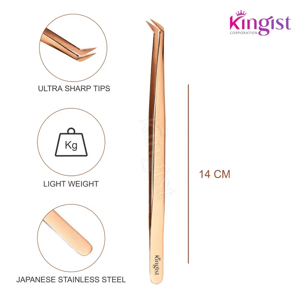 Private Label Stainless Steel Slim SS Curved Eyelash Extension Tweezers in Beautiful Rose Gold Color