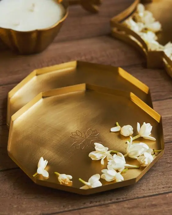 Alum cast pooja thal brass handicraft item in brass polish color luxury gifting item decorate your mandir with this beautiful th
