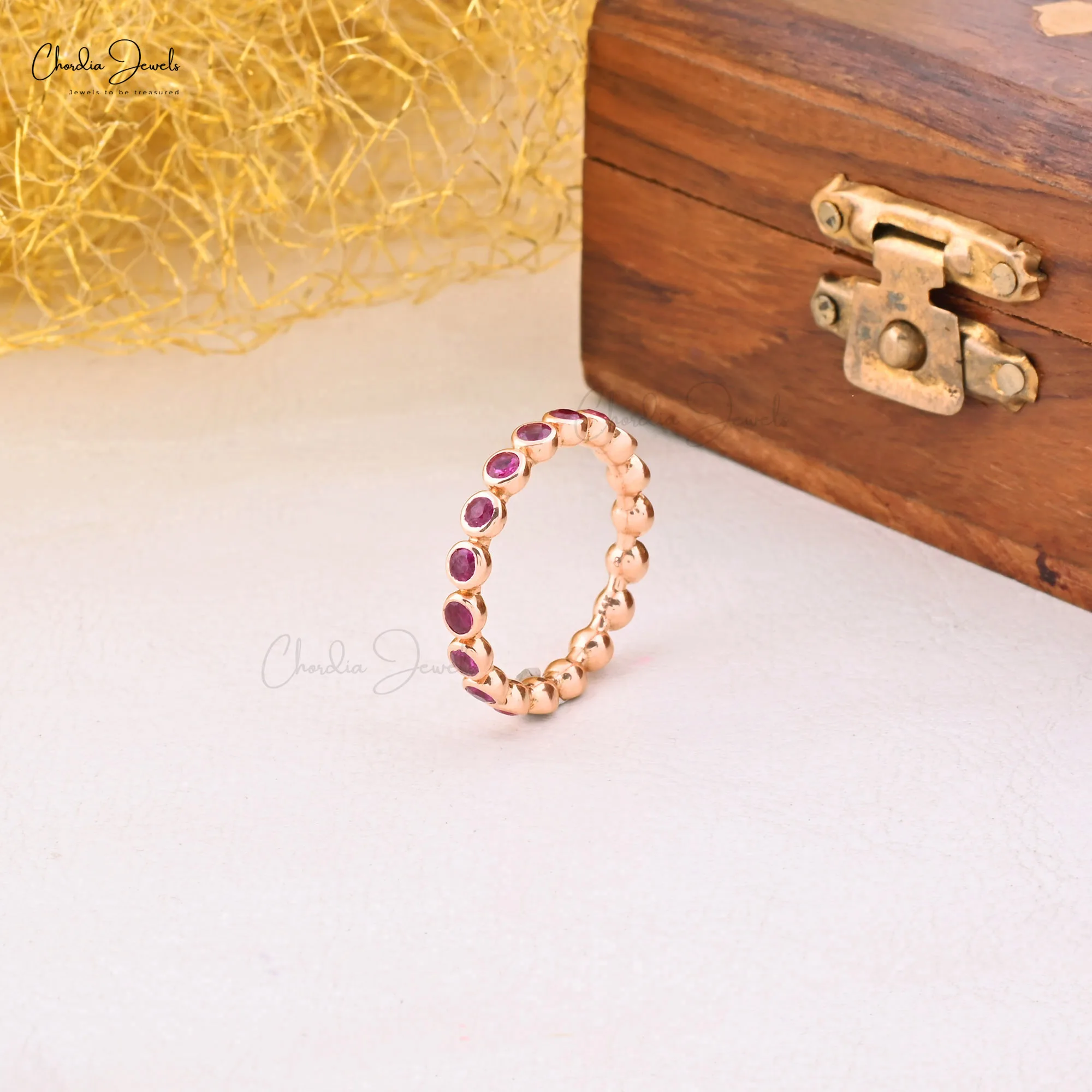 Red Ruby Eternity Band Ring In 14k Solid Rose Gold Stackable Ring Natural Gemstone 2.5 mm Bezel Set Ruby Ring Wholesale Jewelry