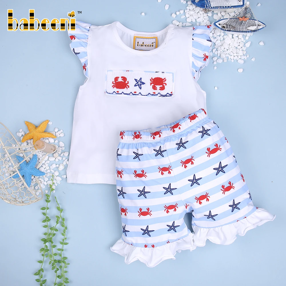 Smocked crab pattern and starfish girl short set ODM wholesale smocked children clothing - BB1893