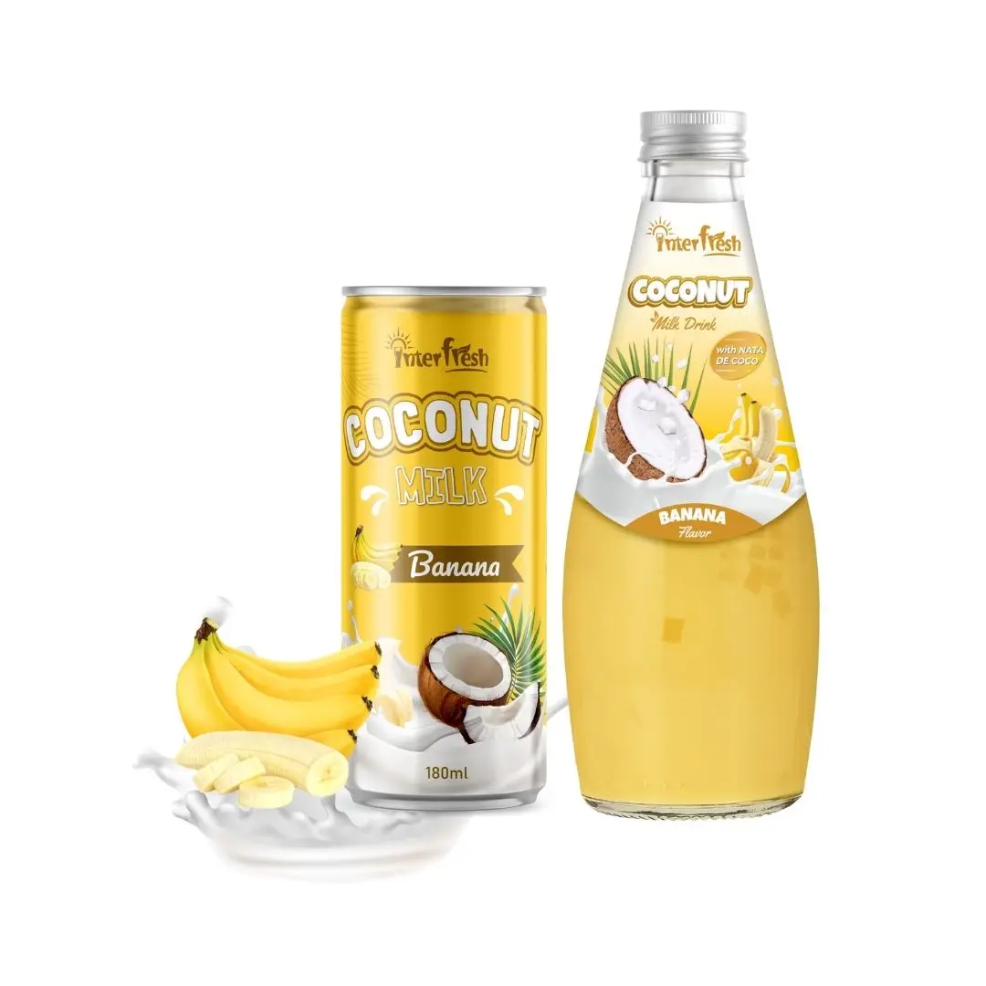 INTERFRESH Exporter From Vietnam High Quality Coconut Milk Nata De Coco Fruit Drink With Banana 290 ml Glass Bottle Customized