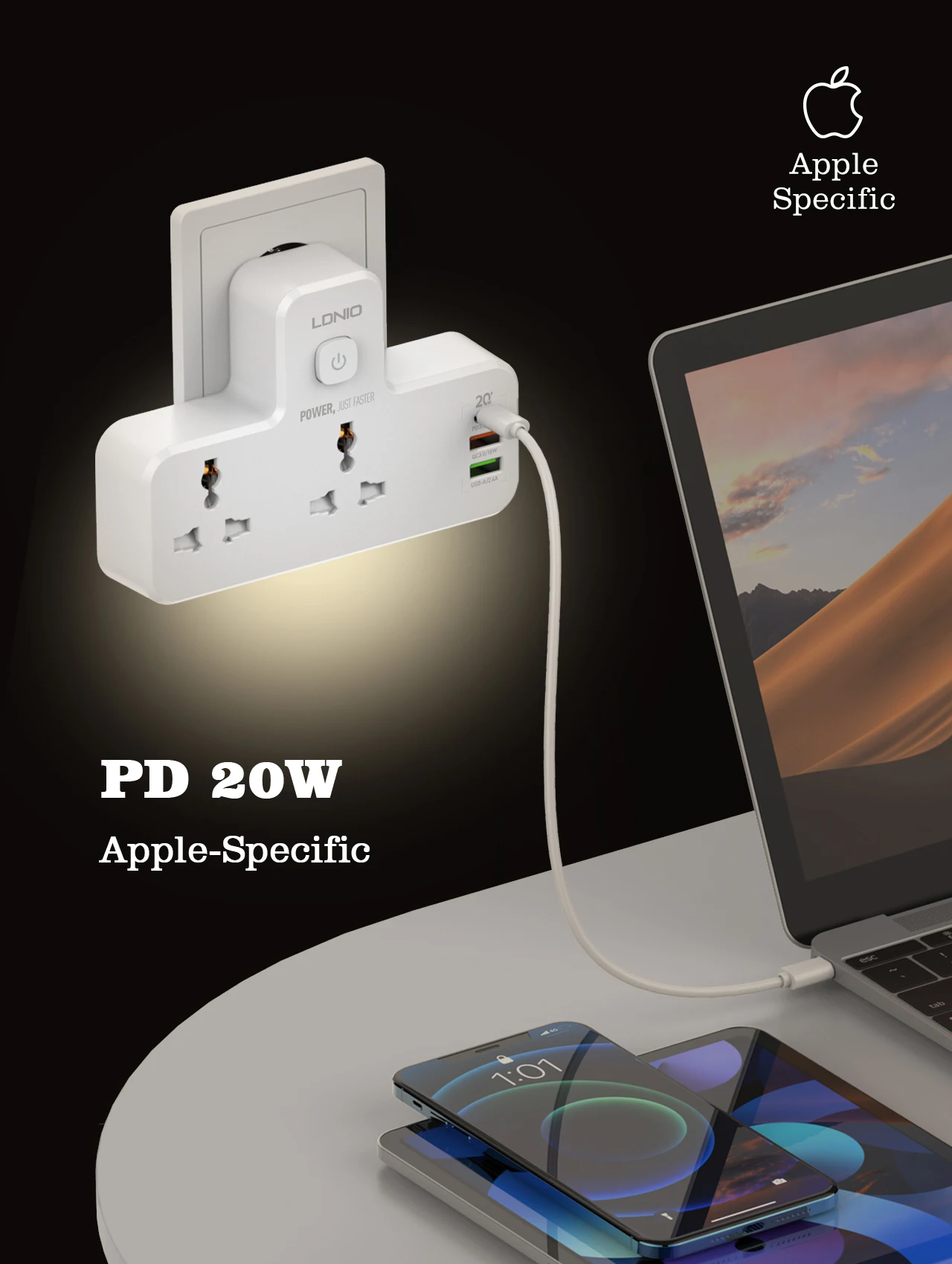 LDNIO SC2311 Smart Extension Socket 2 Port + 3 Usb Plug Night Lamp 1PD 1QC With Socket 2500W Power King Usb Extension Socket