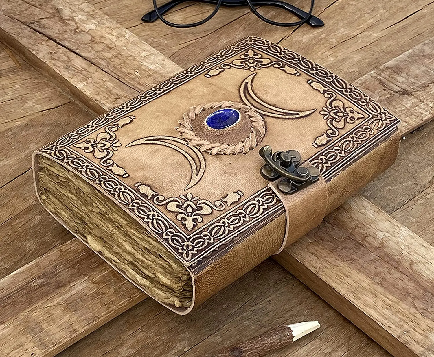 Moon Design Journal With Semi Precious Witch Stone Triple Moon Design Lock Closure 200 Antique Deckle Edge Paper