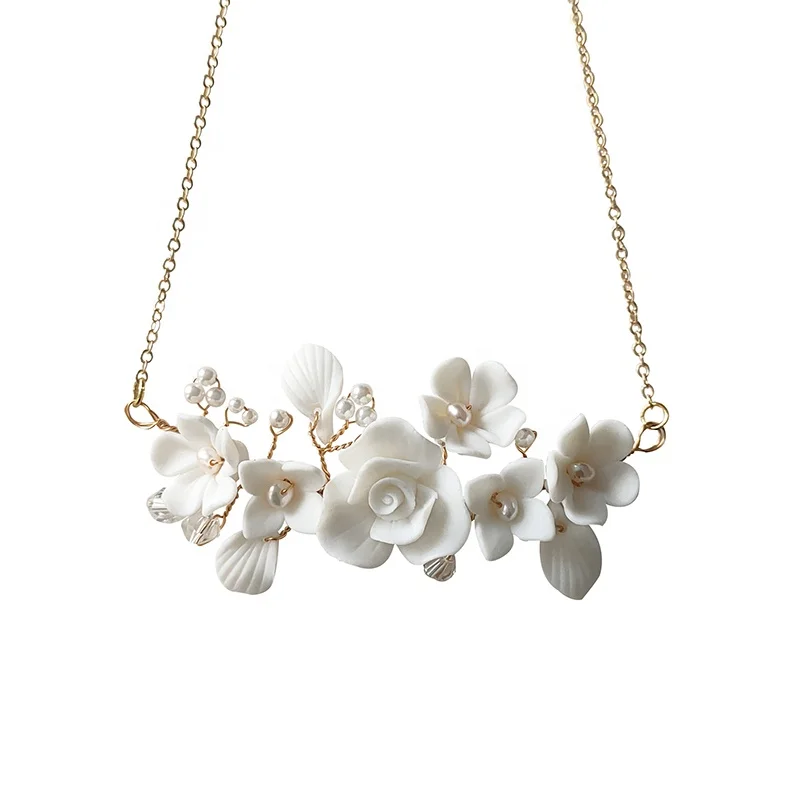Handmade Wedding Jewelry Necklace Ceramic Flower Leaf Accessories Bridal Necklace With Porcelain Floral