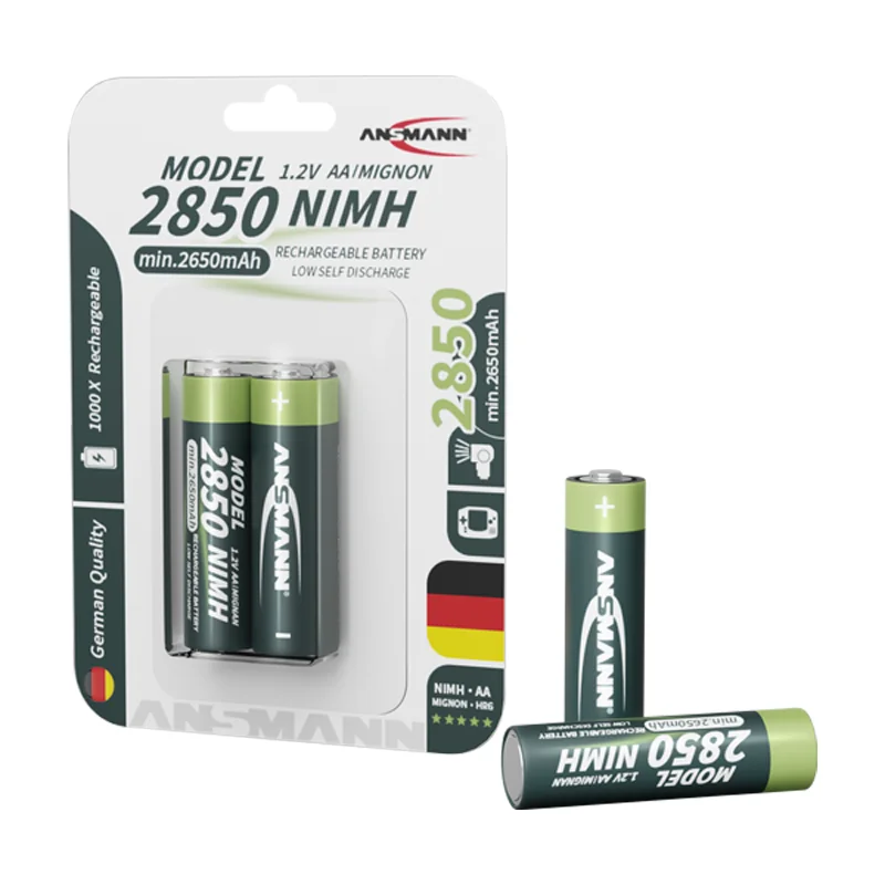Ansmann premium quality 2pcs pack rechargeable 1.2v nimh battery 2850mAh AA rechargeable battery
