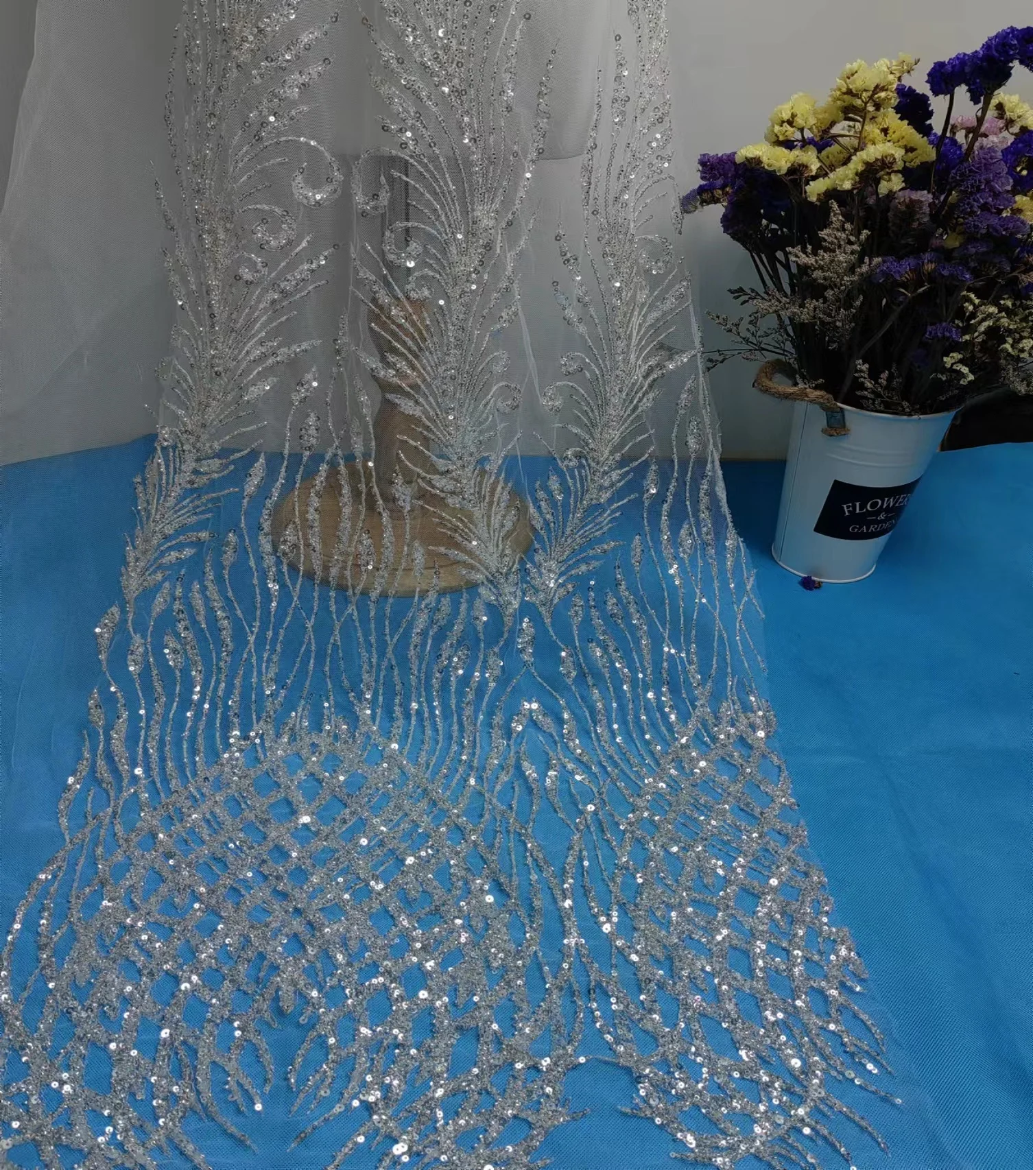 Modern flat embroidered hand made beaded bridal luxury sequins lace fabric for bridal dress