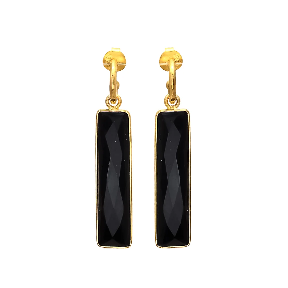 Explore Latest Exclusive Black Onyx Drop Design Earrings Trendy Gold Plated Brass C Hoop Earrings