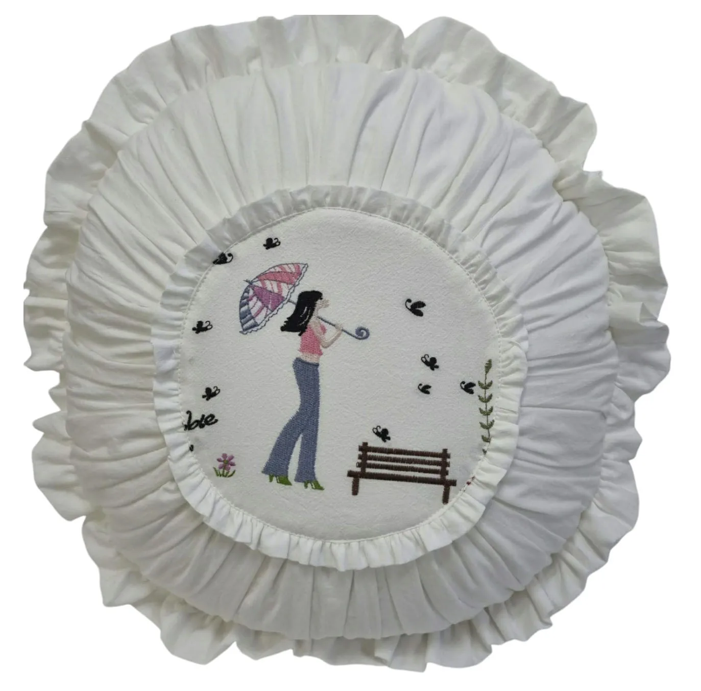 Wholesale White Cotton Ruffle Throw Pillowcase Embroidered Pretty Girl Round Seat Cushion Cover Sofa Home Function Pillows