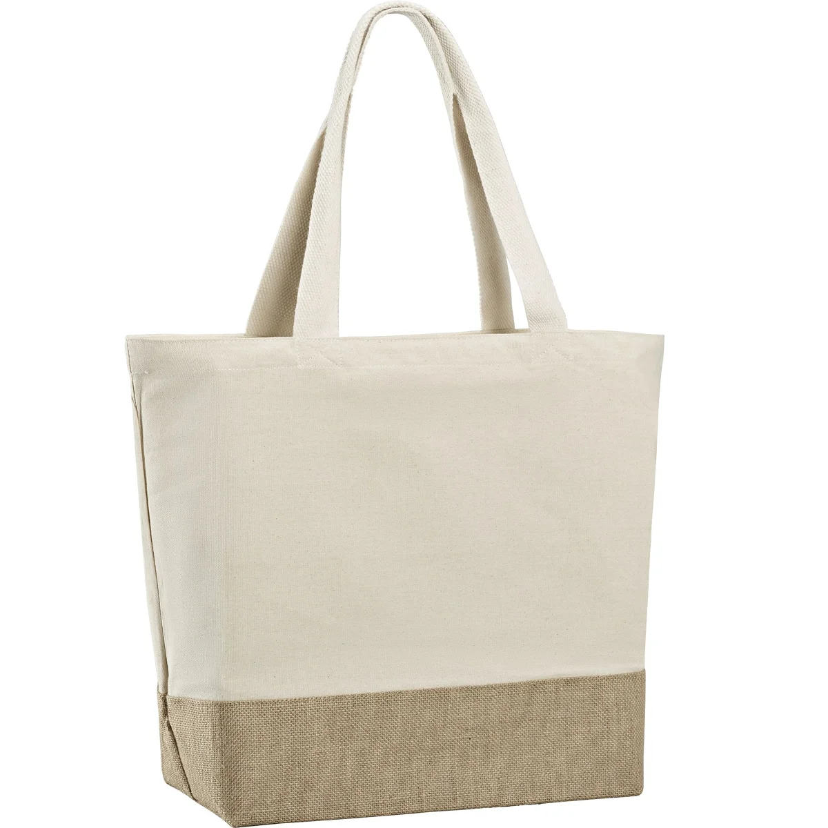 Eco friendly durable jute base cotton canvas summer beach bags with white cotton tape handle