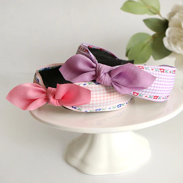 Girls Cute checkered pattern embroidered ribbon headband Korea fashion hair accessory