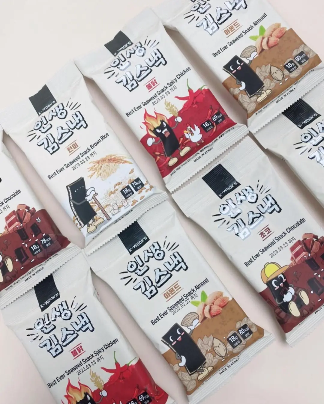seaweed laver snack made in Korea 18g Almond Spicy Chicken Brown Rice Chocolate