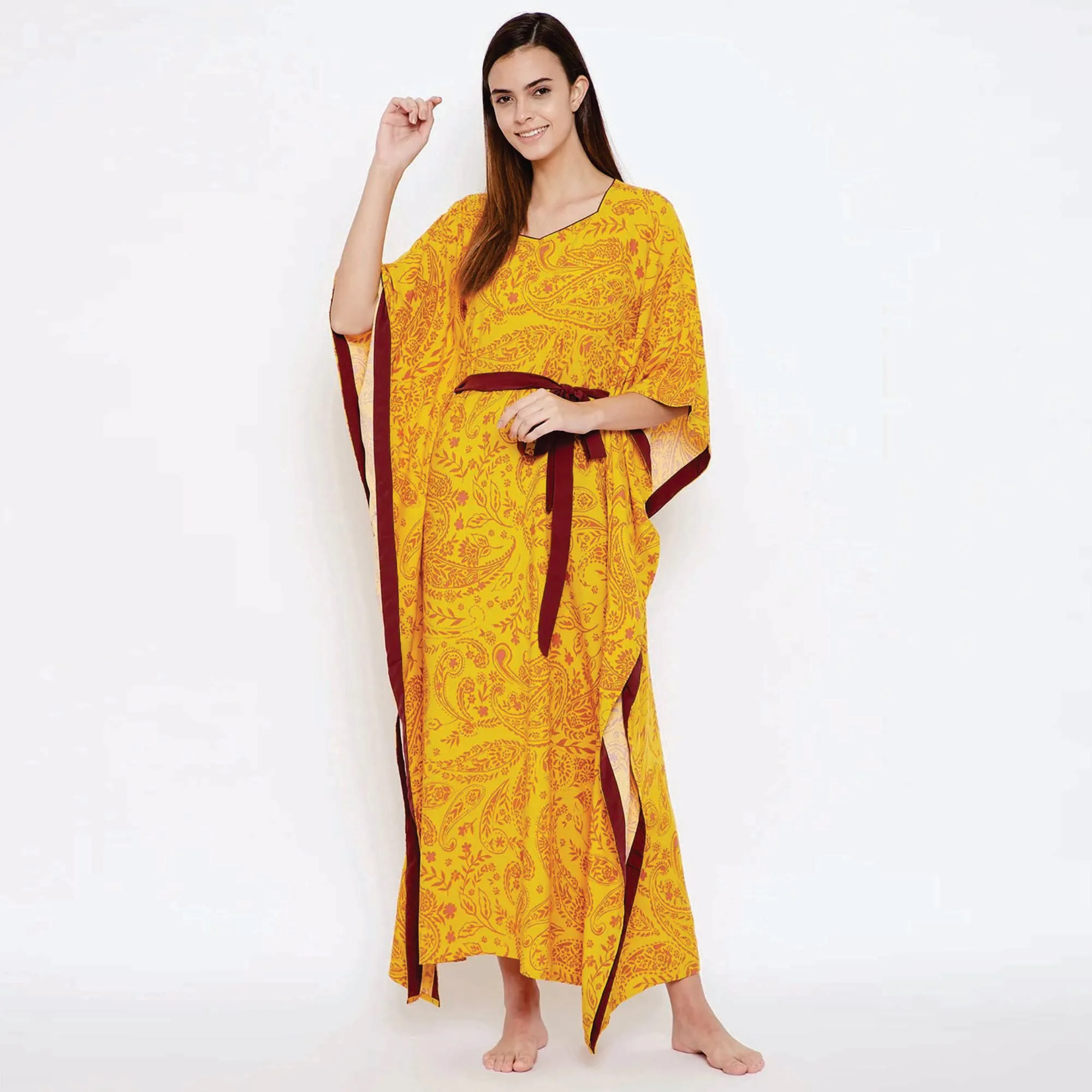 Comfortable Fit Viscose Modal Shaped Neckline with Piping Detail with Short Extended Sleeves Yellow Paisley Print Kaftan