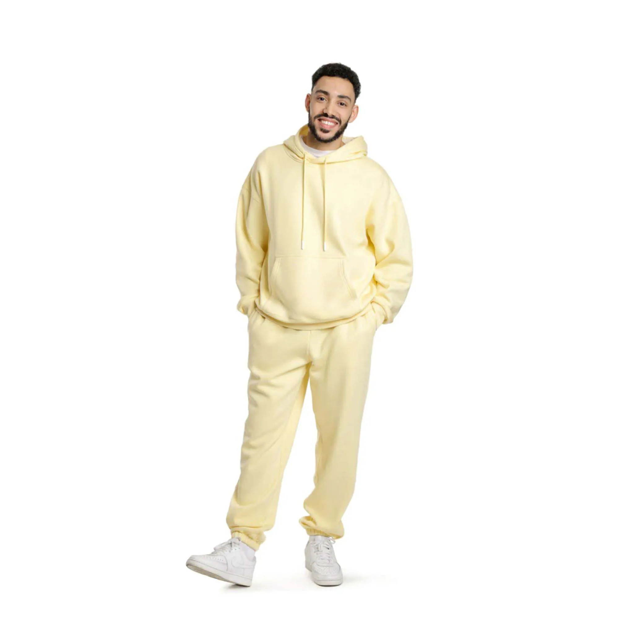 60% Cotton 40% Polyester Mens Premium Fleece Relaxed Sweatsuit Set in Banana Yellow with Pockets and Soft Brushed Inside