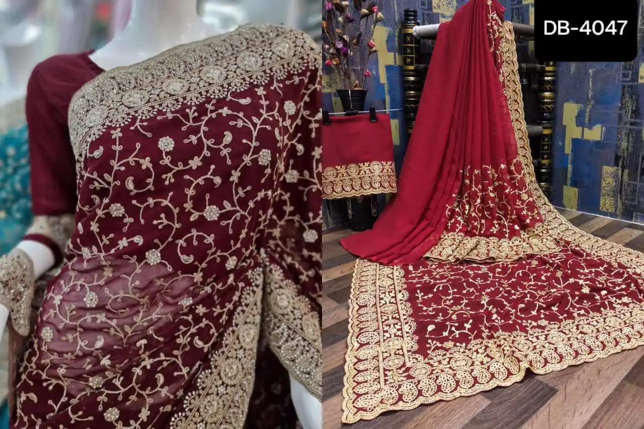 Indian Manufacture and Wholesale Traditional Wear Dress with Heavy Embroidery Work Georgette Saree with Blouse Pieces for Women