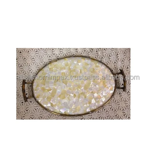 best quality customized made all size eid ramadan gifts trays bowl plates with handle mother of pearl bone inlay wooden serving