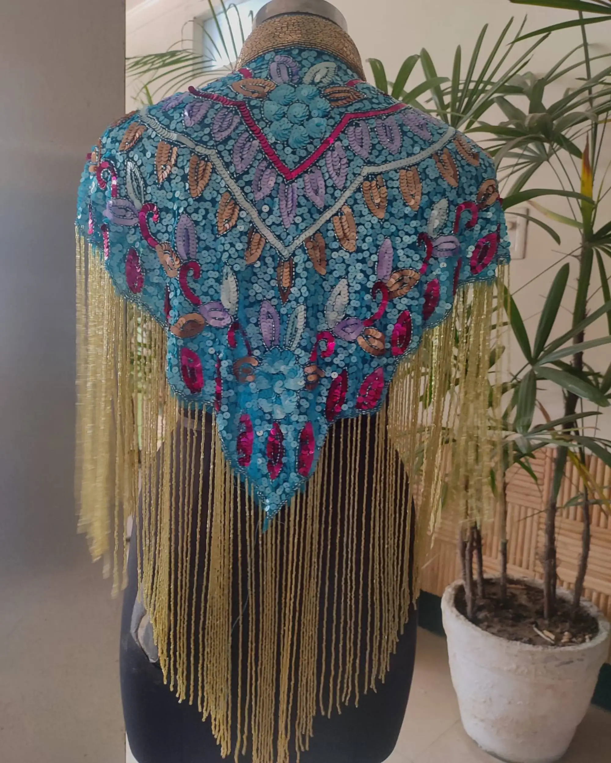 Women Vintage Great Hand Embroidery Party Evening Multiwearable Multicoloured Elegant Collar Sequin Beaded Sparkling Capes