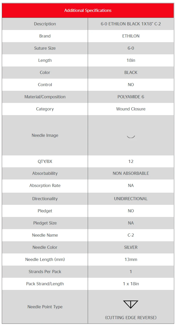 ETHI-LON 3/8 Reverse Cutting Needles Monofilament Nylon Suture Black 18in 6-0 Surgical Suture 667G 669G