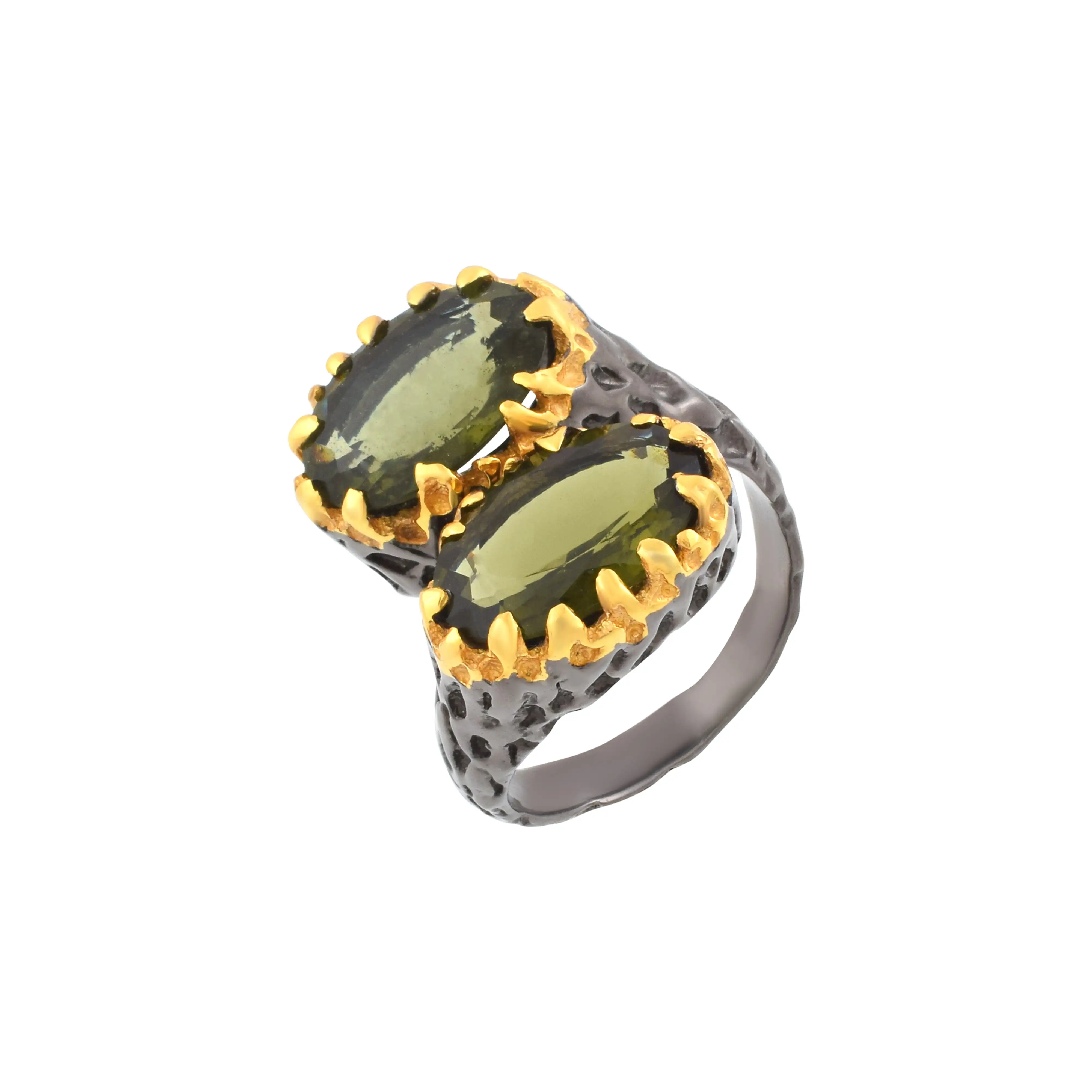 Fine Jewelry Solid 925 Sterling Silver Statement Ring For Women Designer Natural Two Big Oval Cut Moldavite Boho Gemstone Rings