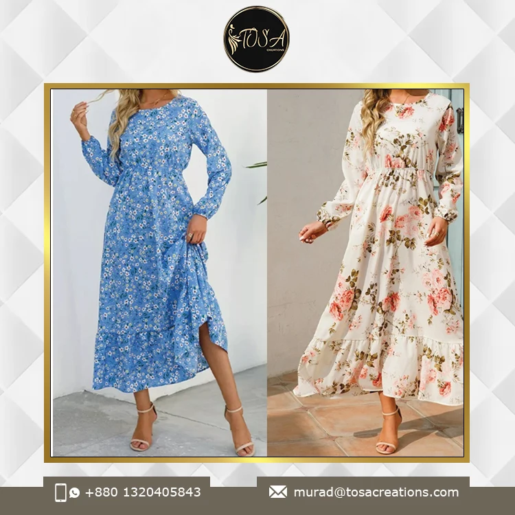 Washable Elastic Waist Midi Length Dress Best Quality Manufacturer of Custom Design Digital Print Women Floral Midi Dress