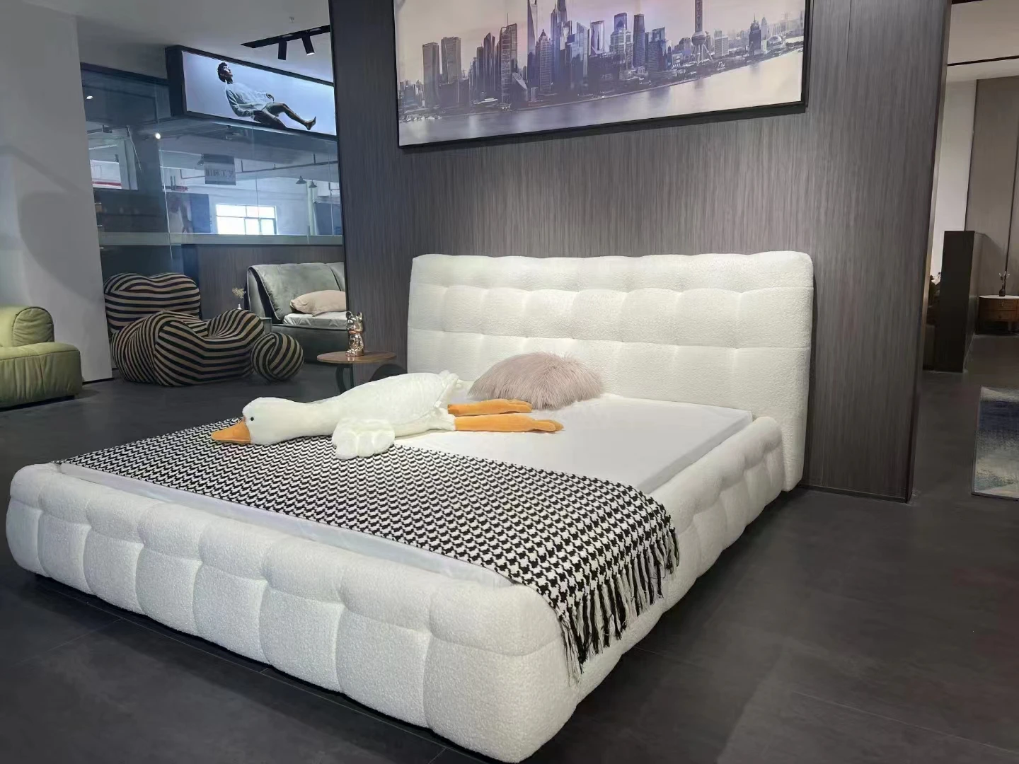 hot selling cotton sugar shape boucle fabric queen size bed frame luxury upholstered bed for bedroom