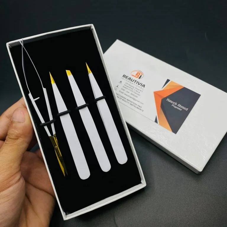 White Powder Coated Gold Tip Brow Tweezer Solid Slanted Stainless Steel Eyebrow Tweezers With Spring Scissor