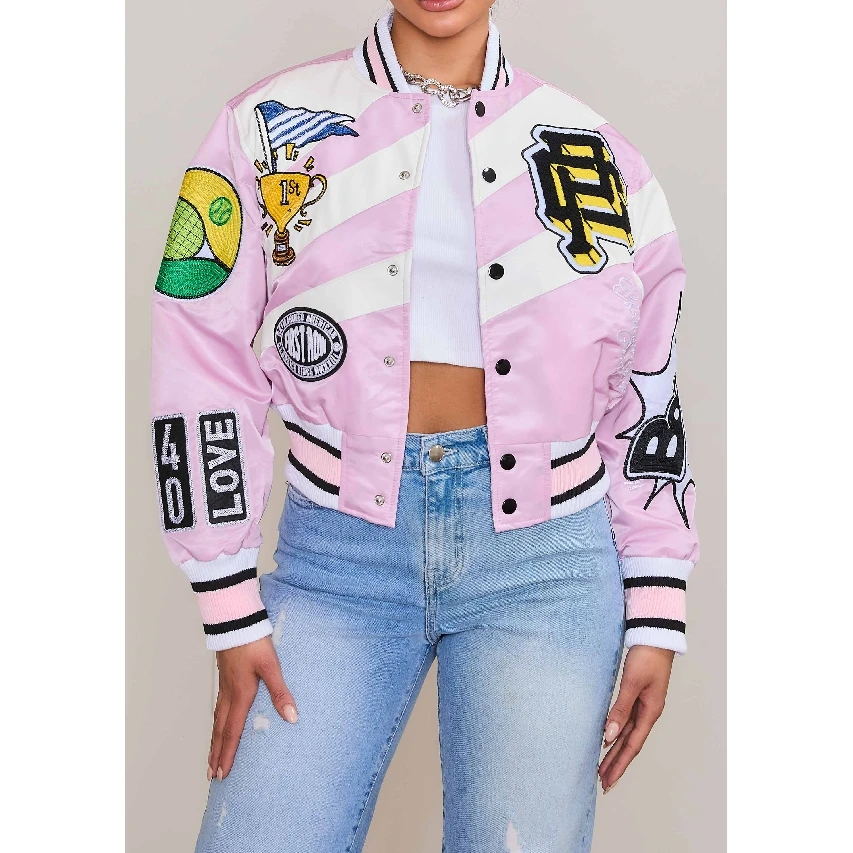 winter bomber leather jacket women cropped letterman jacket custom logo varsity jacket Coat pink Custom Brand high street OEM