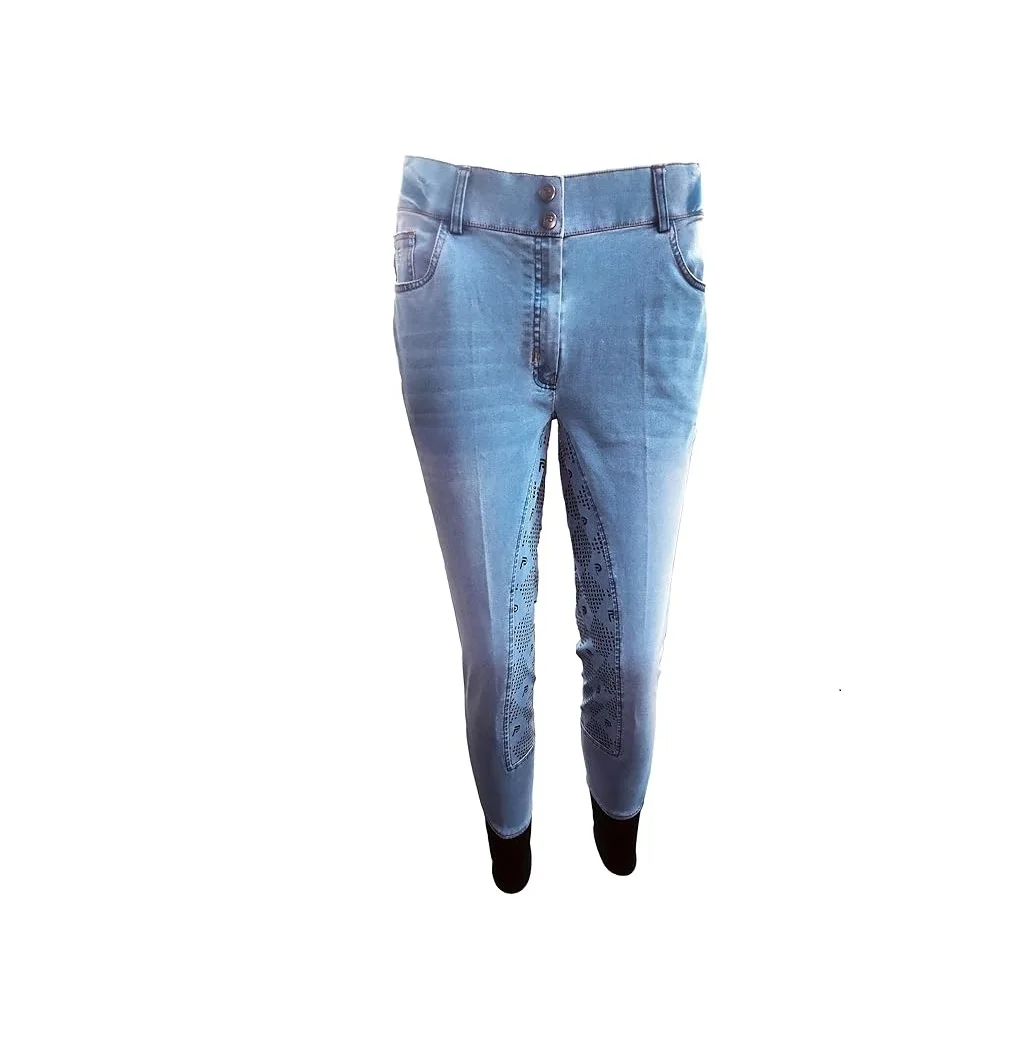 Ladies Denim Summer Horse Riding Breeches Full Seat Silicon Grip Soft Stretchy Equine Equestrian Pants with Logo on Waist